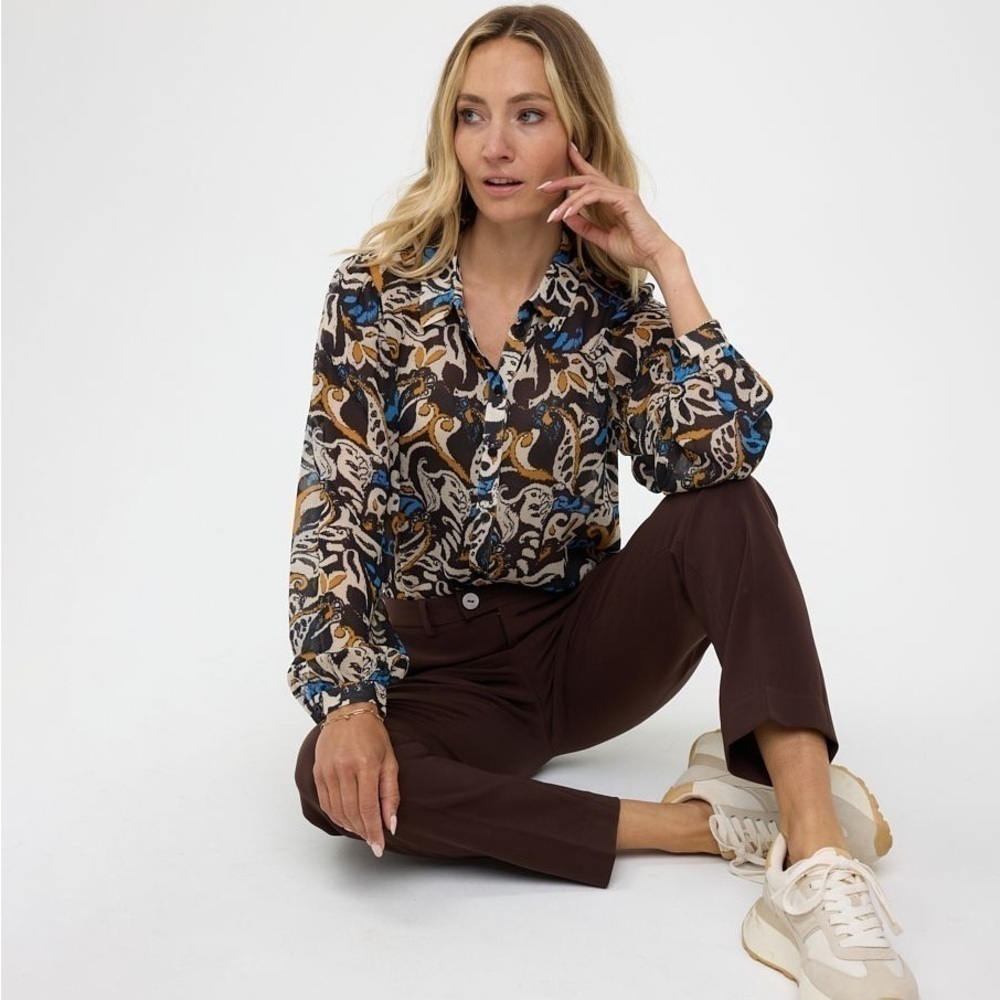 ESQUALO Paisley Floral Button Down Boho Semi Sheer Blouse Long Sleeve Top Medium